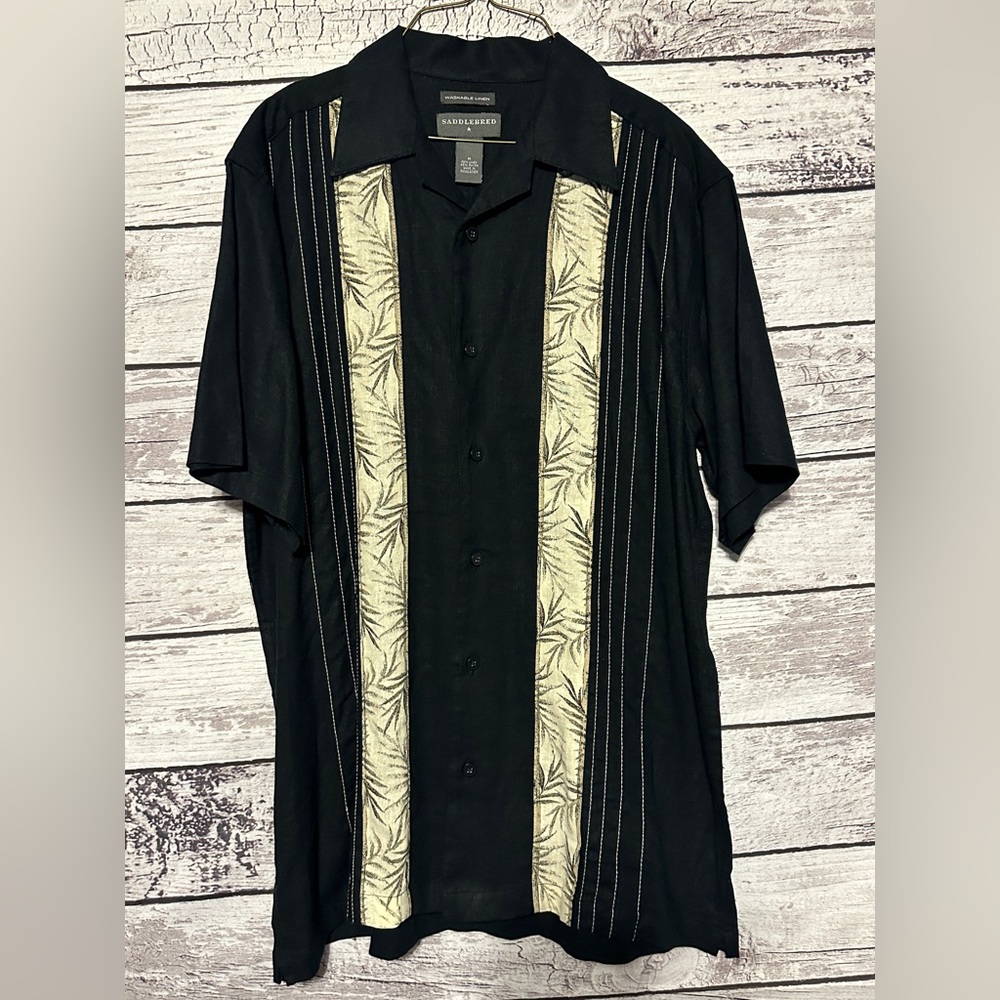 Saddlebred Washable Linen Button Down Shirt Men’s Medium Black Resort Camp Shirt